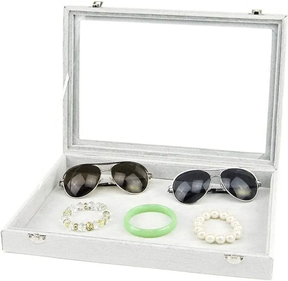 Jewellery Box Organizer 10 Different Designs Clear Glass Lid Velvet Jewelry Organizer Box Jewelry Showcase for Watch Earrings Rings. Jewellery Display Case(C)