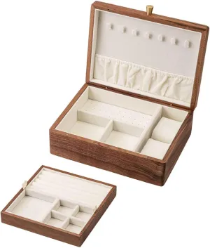 Jewelry Box , 2-Layer Solid Walnut Wooden Jewelry Box - V-intage Velvet Wood Jewelry Case - Jewelry Holder Organizer Storage for Earrings Rings Necklaces Bracelet Watch Gift Case - 9.7 x 7.3 x 3.3 Inc