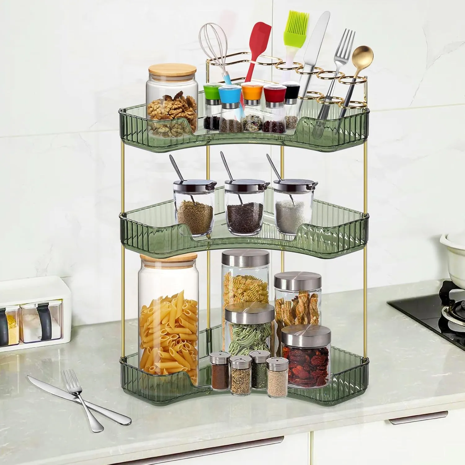 JIAN YA NA Makeup Organizer Bathroom Countertop Shelf: Large Capacity Stackable Perfume Organizer Spacious Design Lipstick Eyeshadow Brushes Storage Display box, for Vanity Dresser(3-Tier,Green)