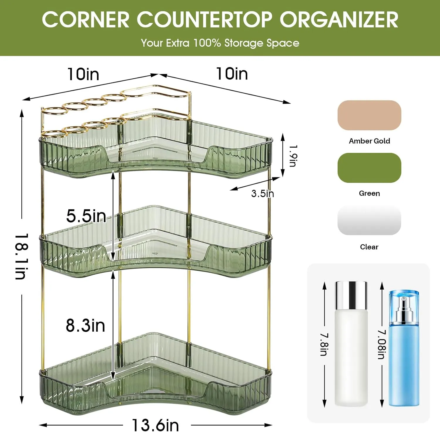 JIAN YA NA Makeup Organizer Bathroom Countertop Shelf: Large Capacity Stackable Perfume Organizer Spacious Design Lipstick Eyeshadow Brushes Storage Display box, for Vanity Dresser(3-Tier,Green)