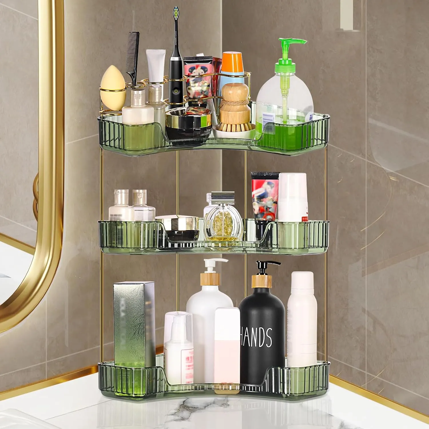 JIAN YA NA Makeup Organizer Bathroom Countertop Shelf: Large Capacity Stackable Perfume Organizer Spacious Design Lipstick Eyeshadow Brushes Storage Display box, for Vanity Dresser(3-Tier,Green)