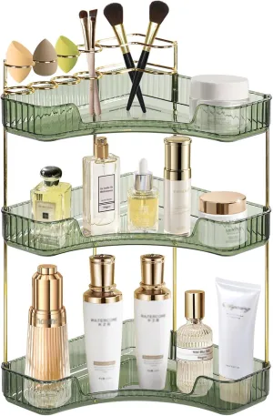 JIAN YA NA Makeup Organizer Bathroom Countertop Shelf: Large Capacity Stackable Perfume Organizer Spacious Design Lipstick Eyeshadow Brushes Storage Display box, for Vanity Dresser(3-Tier,Green)