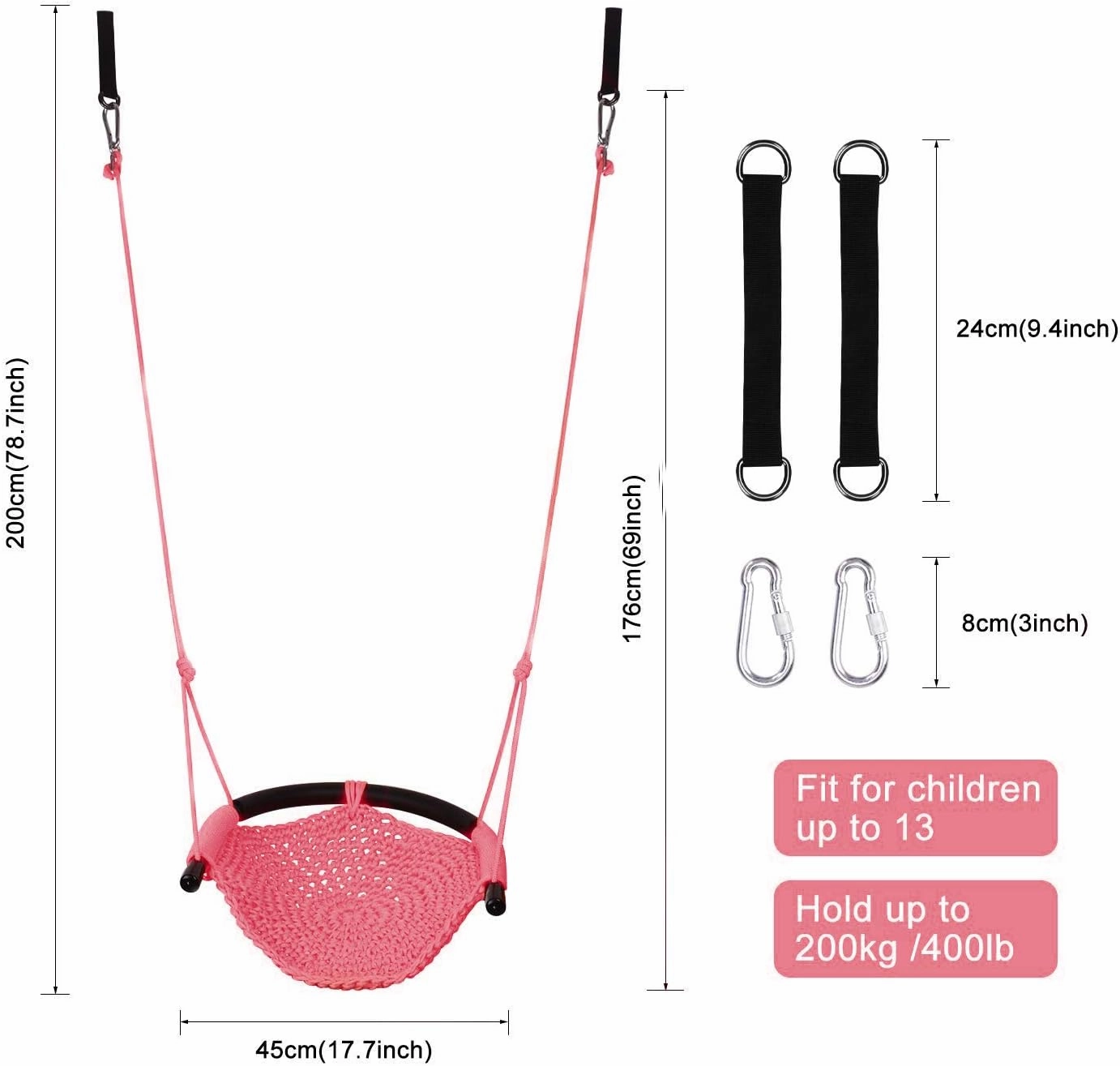 JKsmart Swing Seat for Kids Heavy Duty Rope Play Secure Children Swing Set,Perfect for Indoor,Outdoor,Playground,Home,Tree,with Snap Hooks and Swing Straps,440 lbs Capacity,Pink