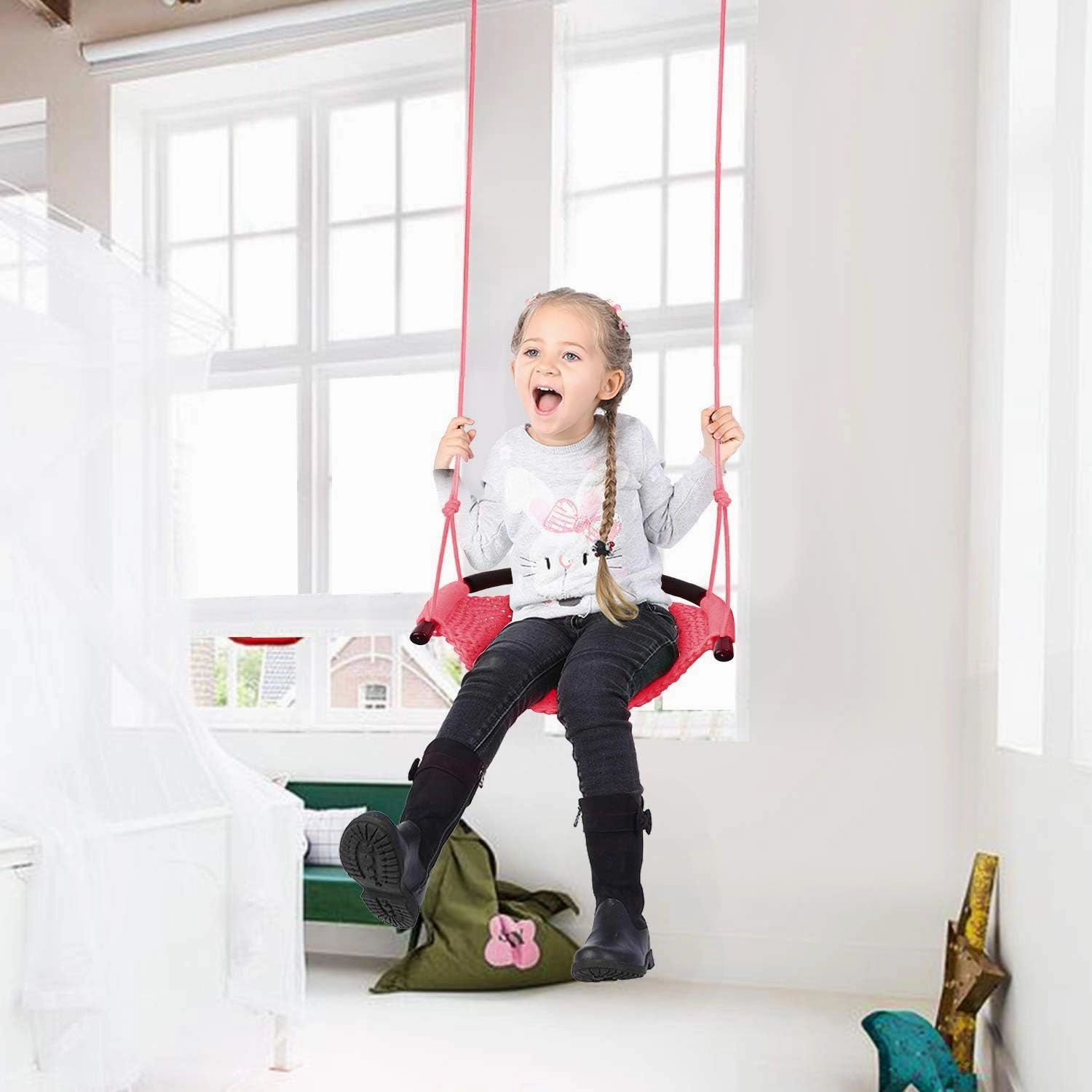 JKsmart Swing Seat for Kids Heavy Duty Rope Play Secure Children Swing Set,Perfect for Indoor,Outdoor,Playground,Home,Tree,with Snap Hooks and Swing Straps,440 lbs Capacity,Pink