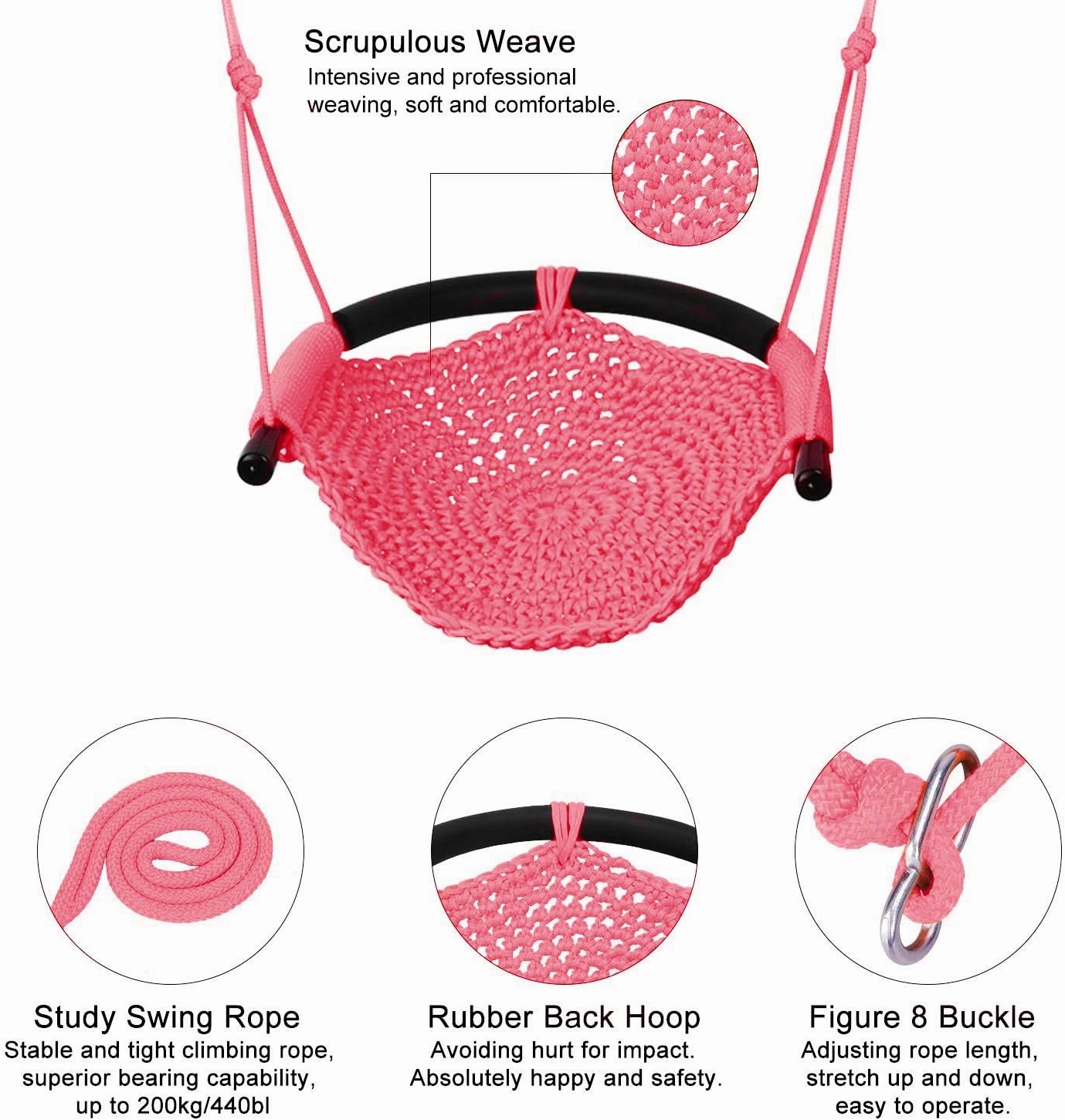 JKsmart Swing Seat for Kids Heavy Duty Rope Play Secure Children Swing Set,Perfect for Indoor,Outdoor,Playground,Home,Tree,with Snap Hooks and Swing Straps,440 lbs Capacity,Pink