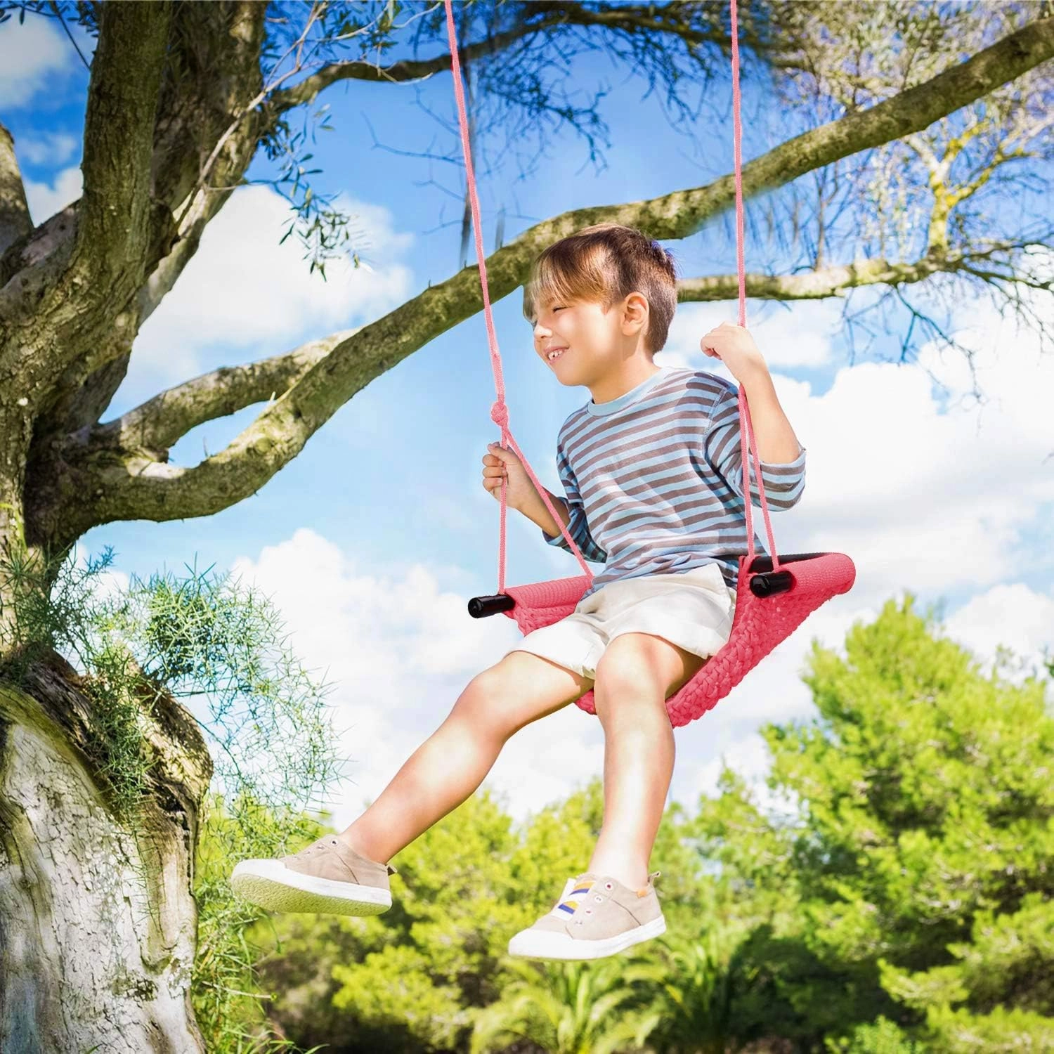 JKsmart Swing Seat for Kids Heavy Duty Rope Play Secure Children Swing Set,Perfect for Indoor,Outdoor,Playground,Home,Tree,with Snap Hooks and Swing Straps,440 lbs Capacity,Pink