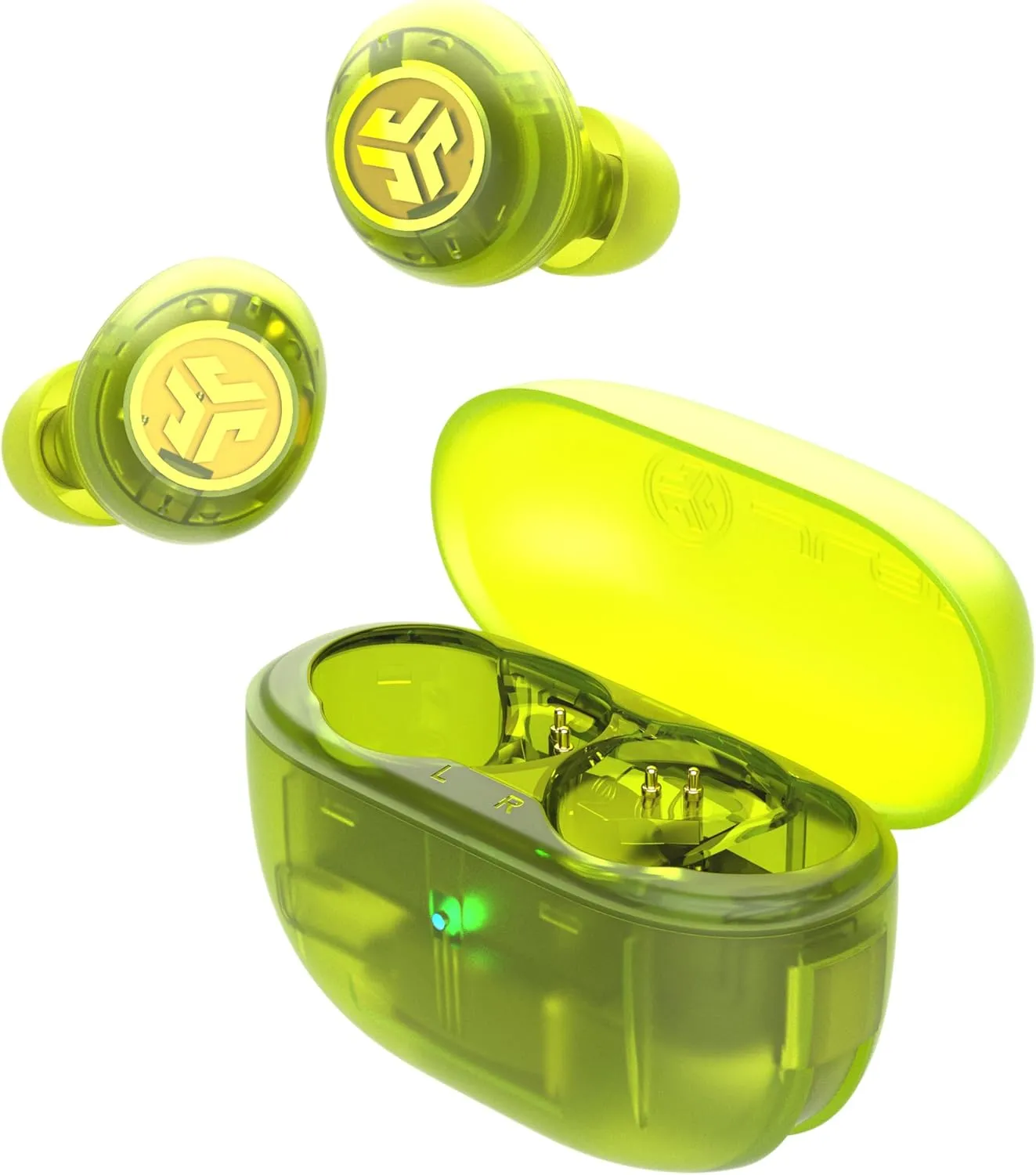 JLab Go Pop ANC True Wireless Earbuds & Charging Case, Transparent Neon Green, Active Noise Cancelling, 10mm Drivers, Dual Connect, Customize Your Sound with App, Be Aware Mode, Google Fast Pair