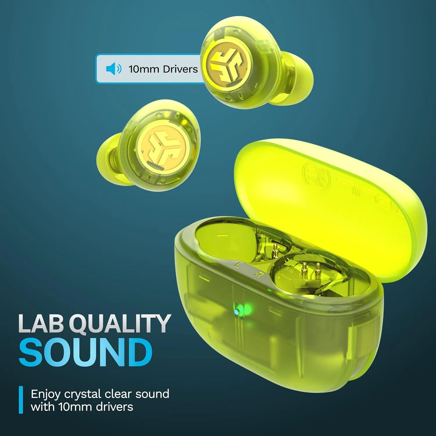 JLab Go Pop ANC True Wireless Earbuds & Charging Case, Transparent Neon Green, Active Noise Cancelling, 10mm Drivers, Dual Connect, Customize Your Sound with App, Be Aware Mode, Google Fast Pair
