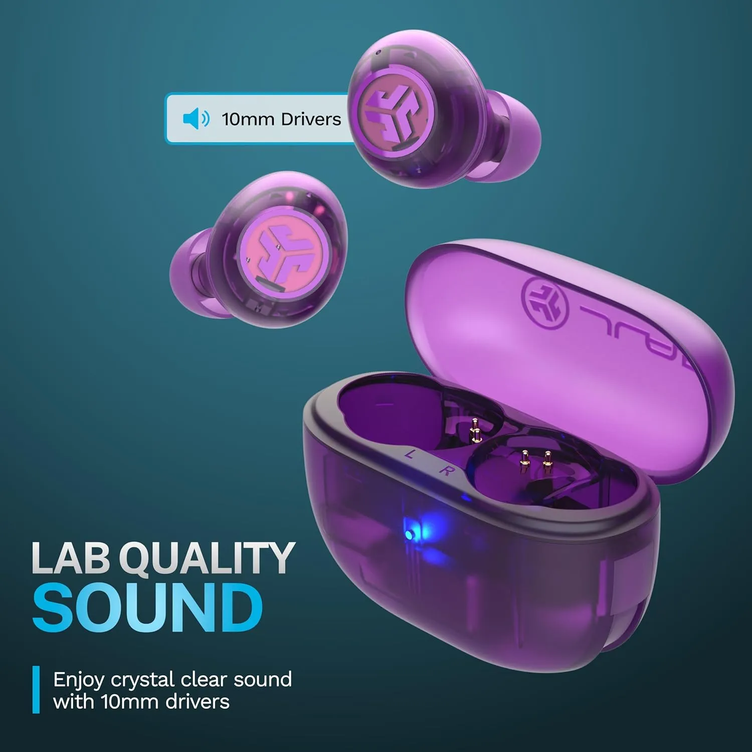 JLab Go Pop ANC True Wireless Earbuds & Charging Case, Transparent Purple, Active Noise Cancelling, 10mm Drivers, Dual Connect, Customize Your Sound with App, Be Aware Mode, Google Fast Pair