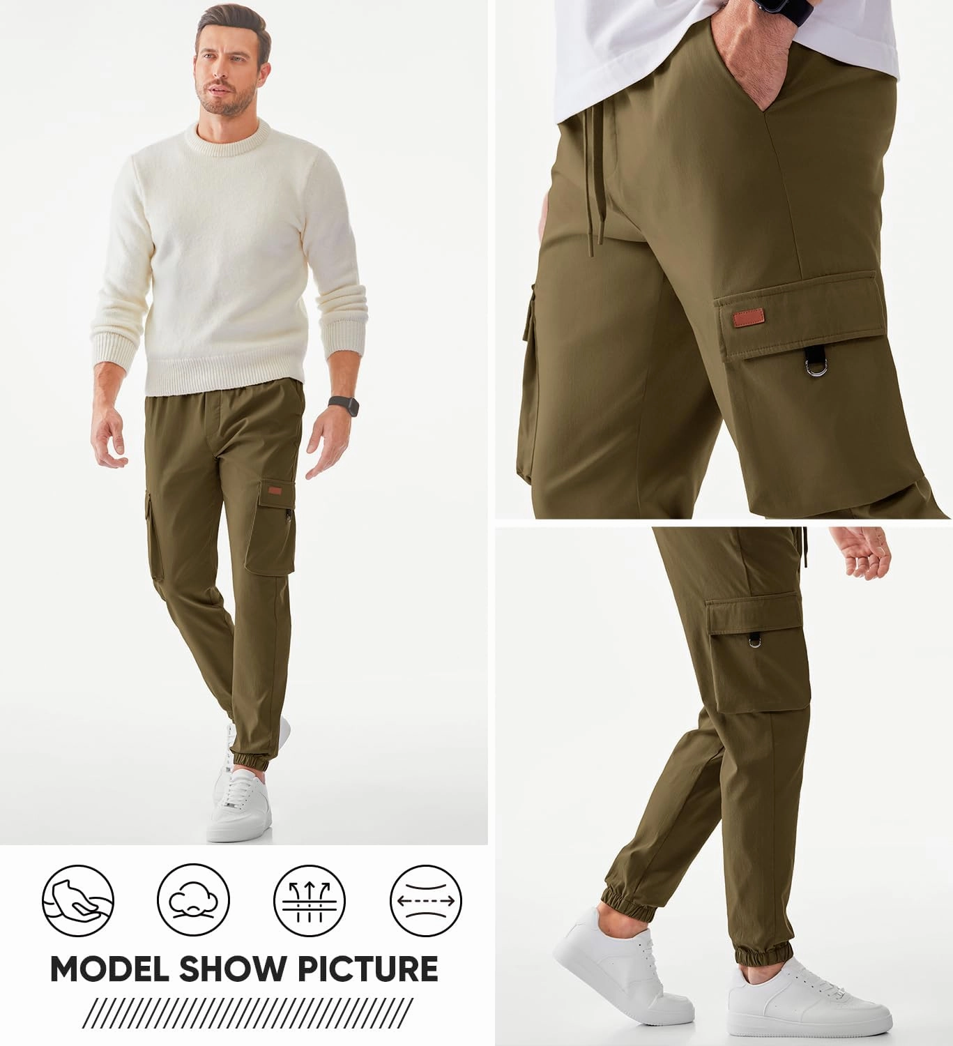JMIERR Mens Cargo Pants Casual Lightweight Elastic Waist Drawstring Tapered Pant with Pockets