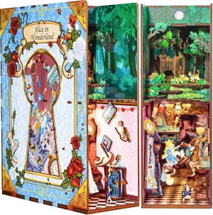 JOKIVTOU Book Nook Kit Alice in Wonderland Book Nook Kits for Adults, DIY Dollhouse Booknook Miniature Kit Bookshelf Insert Decorative Bookend Model Kits with LED Light/Human Sensor…