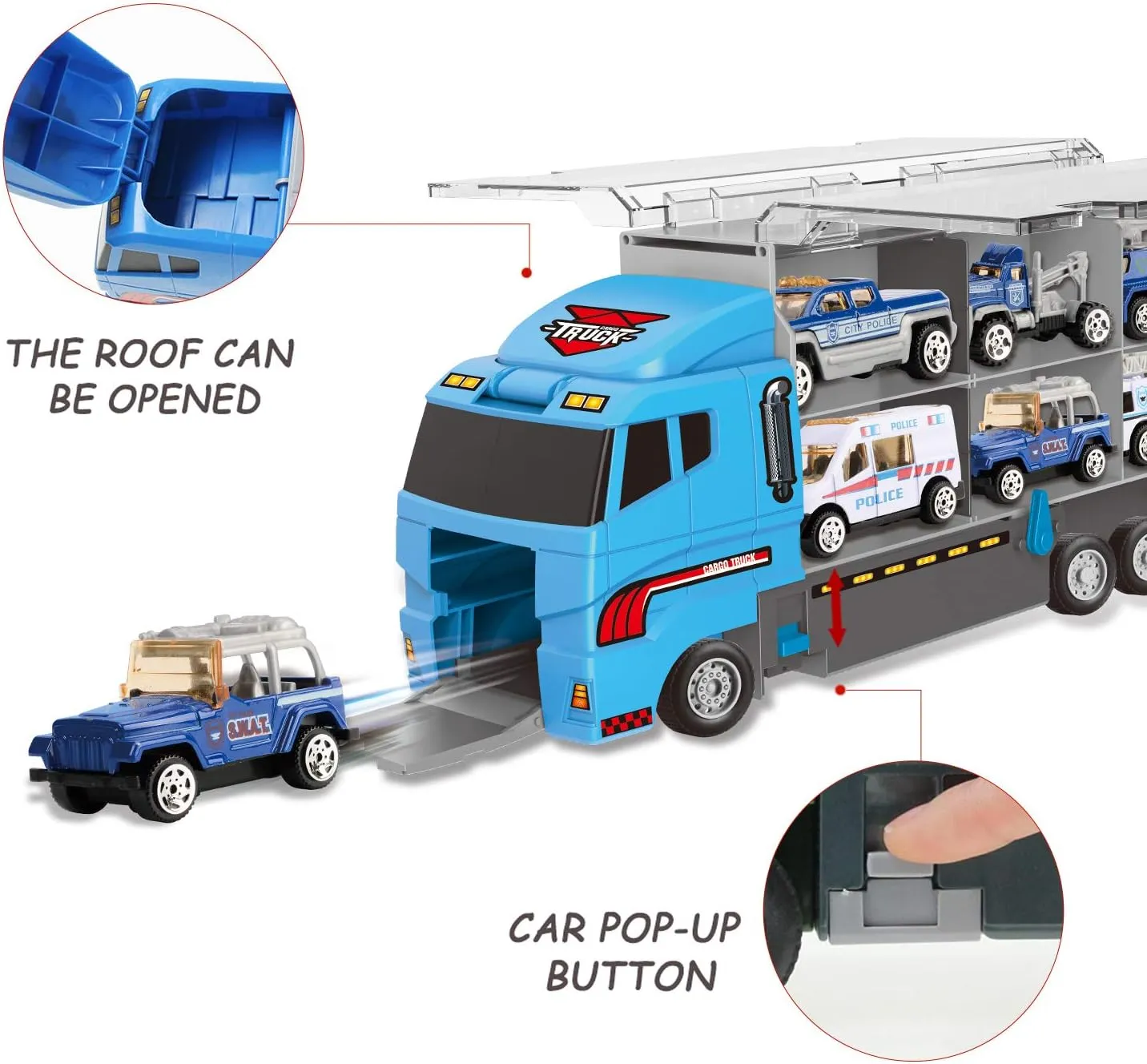 Joyfia 10 in 1 Police Toys - Die-cast Patrol Rescue Truck, Mini Vehicles in Carrier Car Toy Playset for 3  Years Old Kids Boys Girls