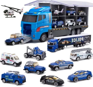Joyfia 10 in 1 Police Toys - Die-cast Patrol Rescue Truck, Mini Vehicles in Carrier Car Toy Playset for 3  Years Old Kids Boys Girls