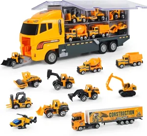 Joyfia Toys for Boys, 11 in 1 Engineering Die-cast Construction Car Toddler Toys, Excavator Dumper Bulldozer, Kids Transport Carrier Truck Vehicles Gifts for Age 3 4 5 6 7 Year Old Boys