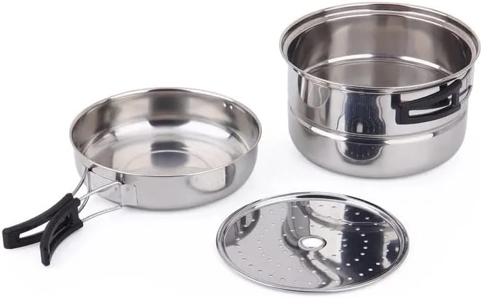 JSEIAJB Stainless Steel Outdoor Pan Set Camping Cookware Portable Frying Pan Steaming Rack Pots Hiking Picnic Cooking Tableware