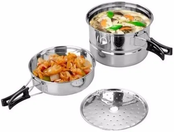 JSEIAJB Stainless Steel Outdoor Pan Set Camping Cookware Portable Frying Pan Steaming Rack Pots Hiking Picnic Cooking Tableware