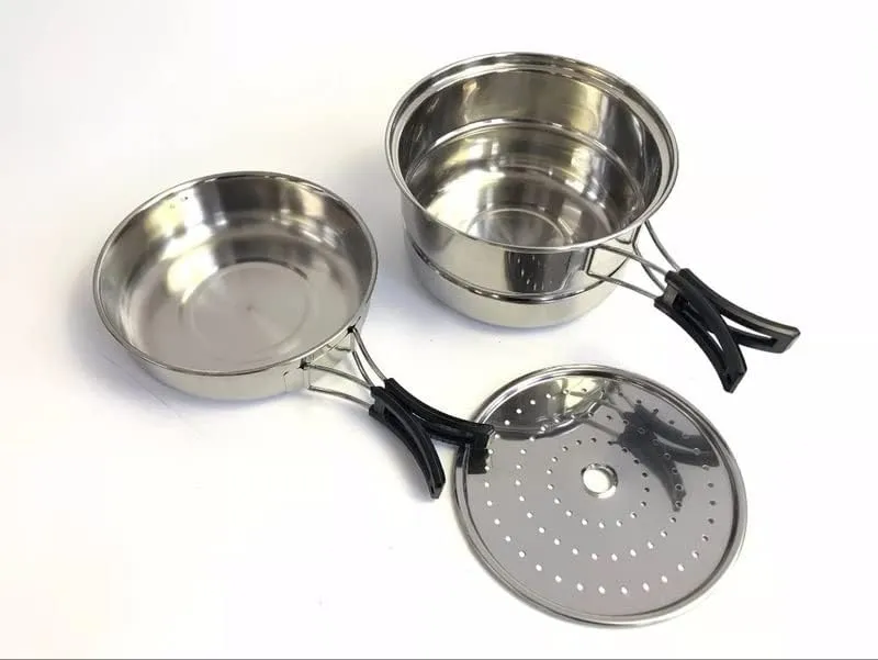 JSEIAJB Stainless Steel Outdoor Pan Set Camping Cookware Portable Frying Pan Steaming Rack Pots Hiking Picnic Cooking Tableware