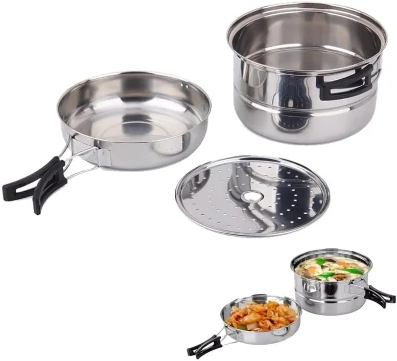 JSEIAJB Stainless Steel Outdoor Pan Set Camping Cookware Portable Frying Pan Steaming Rack Pots Hiking Picnic Cooking Tableware