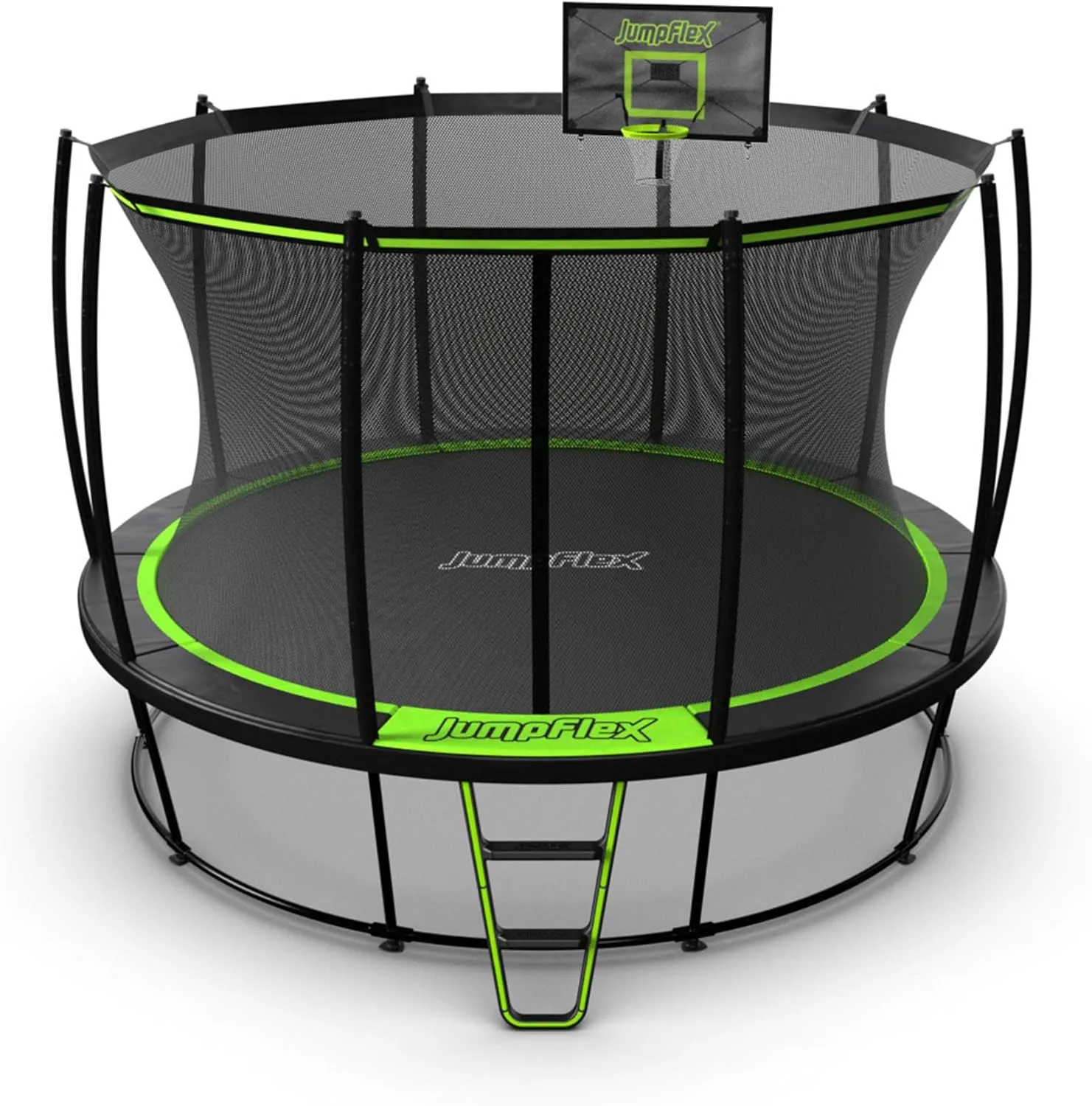 JumpFlex Hero Round Outdoor Backyard Trampoline with Net Safety Enclosure and Ladder, 14ft - Heavy-Duty Jumping Trampoline Play Equipment for Family