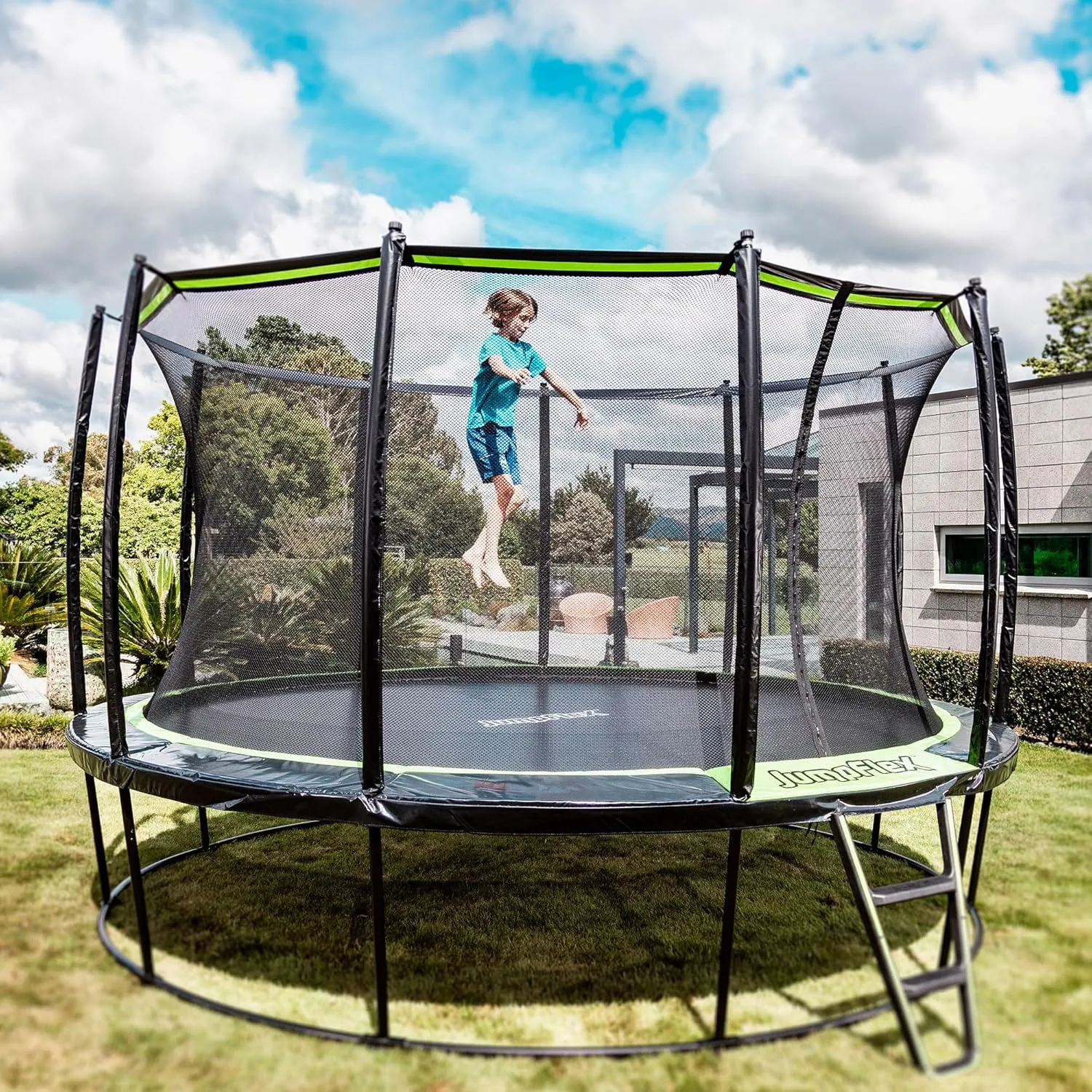 JumpFlex Hero Trampoline 12FT 14FT 15FT Round Outdoor Backyard Trampoline with ASTM Approved Net Safety Enclosure, Hoop, Ladder & Fast Assembly