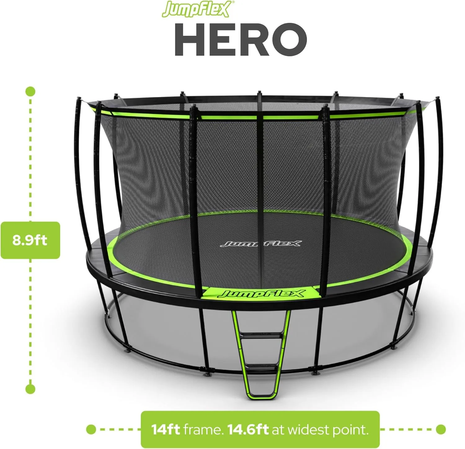 JumpFlex Hero Trampoline 12FT 14FT 15FT Round Outdoor Backyard Trampoline with ASTM Approved Net Safety Enclosure, Hoop, Ladder & Fast Assembly