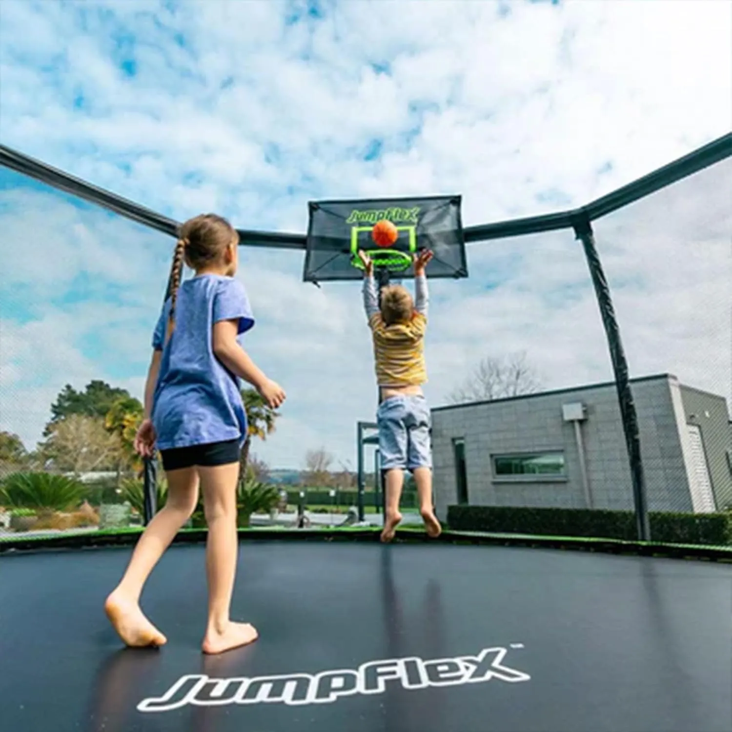 JumpFlex Hero Trampoline 12FT 14FT 15FT Round Outdoor Backyard Trampoline with ASTM Approved Net Safety Enclosure, Hoop, Ladder & Fast Assembly