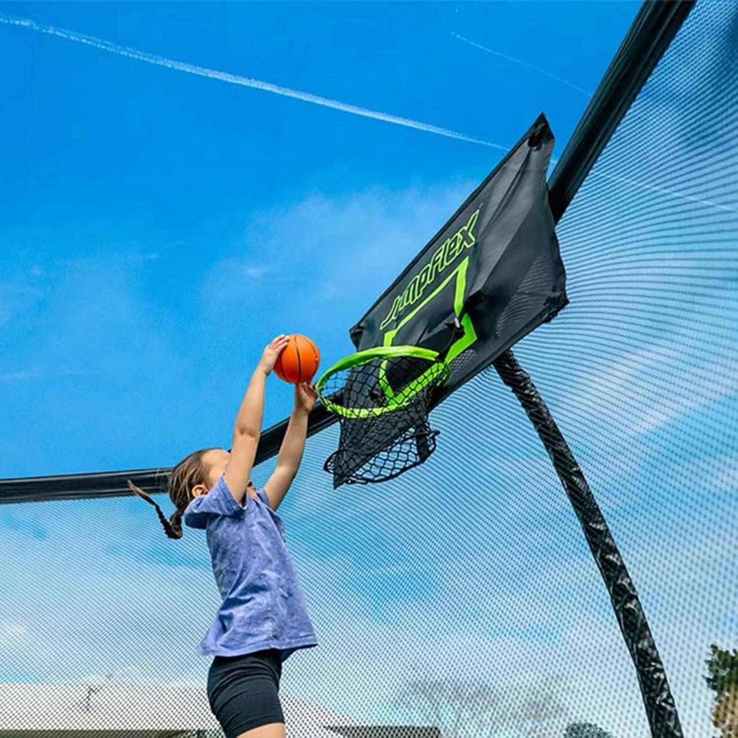 JumpFlex Trampoline with Basketball Hoop - Hero 12FT 14FT 15FT Round Outdoor Backyard Trampoline ASTM Approved with Net Safety Enclosure & Ladder Playset with Fast Assembly