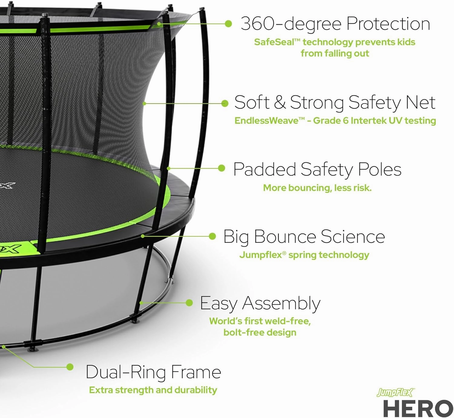 JumpFlex Trampoline with Basketball Hoop - Hero 12FT 14FT 15FT Round Outdoor Backyard Trampoline ASTM Approved with Net Safety Enclosure & Ladder Playset with Fast Assembly