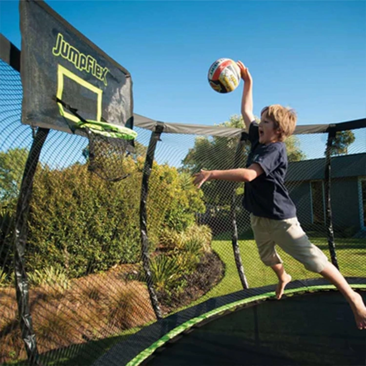 JumpFlex Trampoline with Basketball Hoop - Hero 12FT 14FT 15FT Round Outdoor Backyard Trampoline ASTM Approved with Net Safety Enclosure & Ladder Playset with Fast Assembly