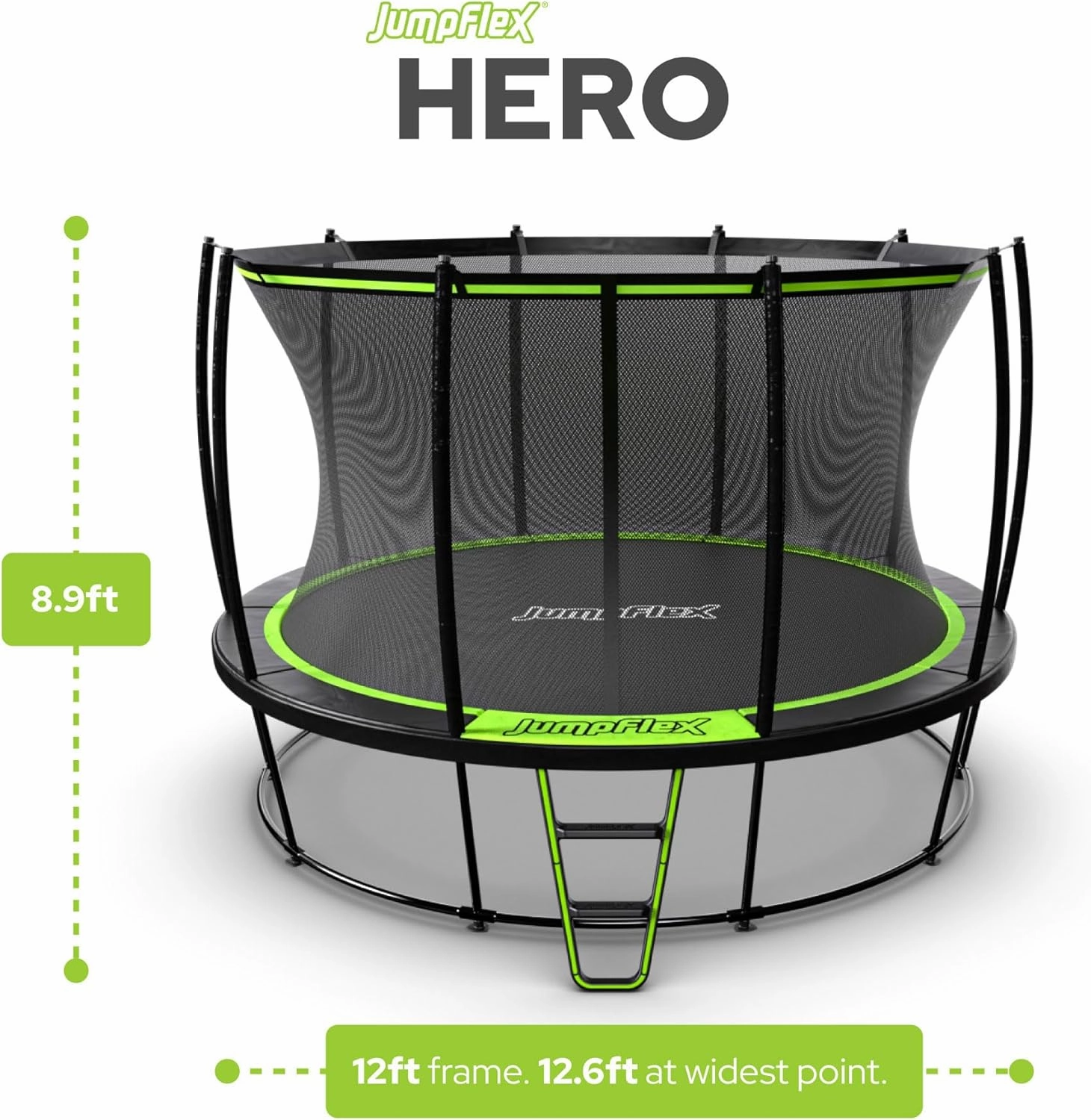 JumpFlex Trampoline with Basketball Hoop - Hero 12FT 14FT 15FT Round Outdoor Backyard Trampoline ASTM Approved with Net Safety Enclosure & Ladder Playset with Fast Assembly
