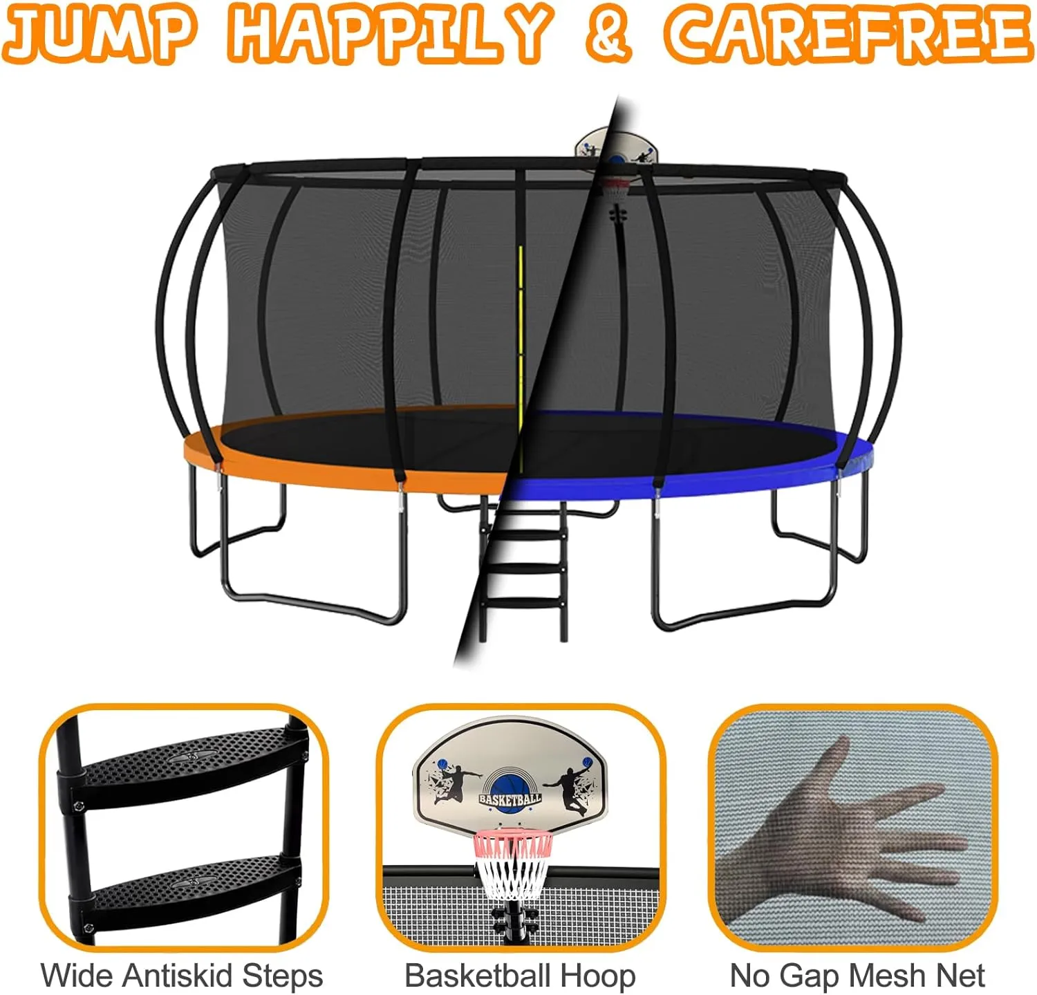 JUSTJUMP Trampoline 8FT 10FT 12FT 14FT 16FT Trampoline Outdoor with Basketball Hoop, Ladder, Rebounder Trampoline for Kids Adults with Enclosure Net, Heavy Duty Trampoline for Backyards
