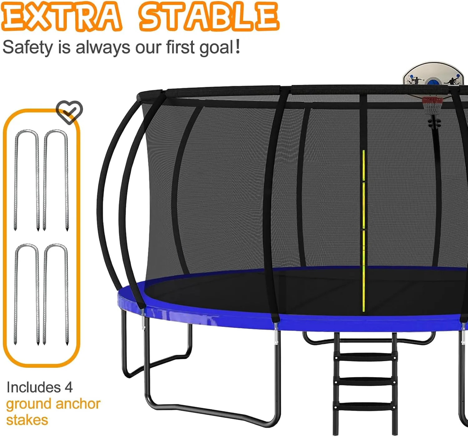 JUSTJUMP Trampoline 8FT 10FT 12FT 14FT 16FT Trampoline Outdoor with Basketball Hoop, Ladder, Rebounder Trampoline for Kids Adults with Enclosure Net, Heavy Duty Trampoline for Backyards