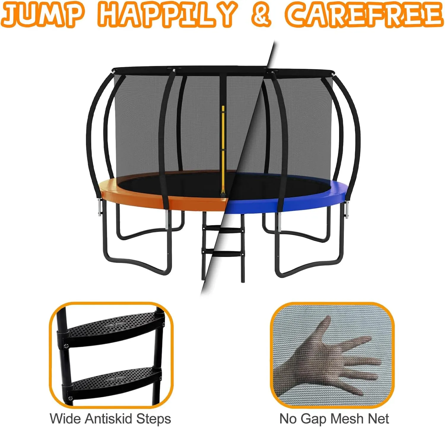 JUSTJUMP Trampoline 8FT 10FT 12FT 14FT 16FT Trampoline Outdoor with Basketball Hoop, Ladder, Rebounder Trampoline for Kids Adults with Enclosure Net, Heavy Duty Trampoline for Backyards