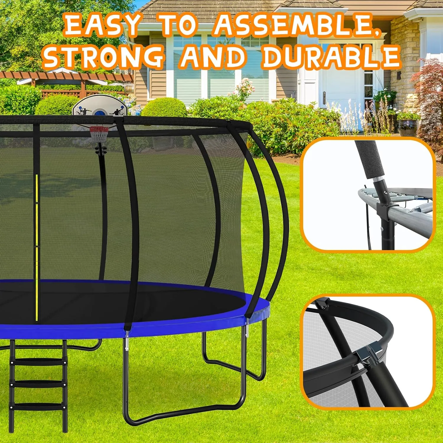 JUSTJUMP Trampoline 8FT 10FT 12FT 14FT 16FT Trampoline Outdoor with Basketball Hoop, Ladder, Rebounder Trampoline for Kids Adults with Enclosure Net, Heavy Duty Trampoline for Backyards