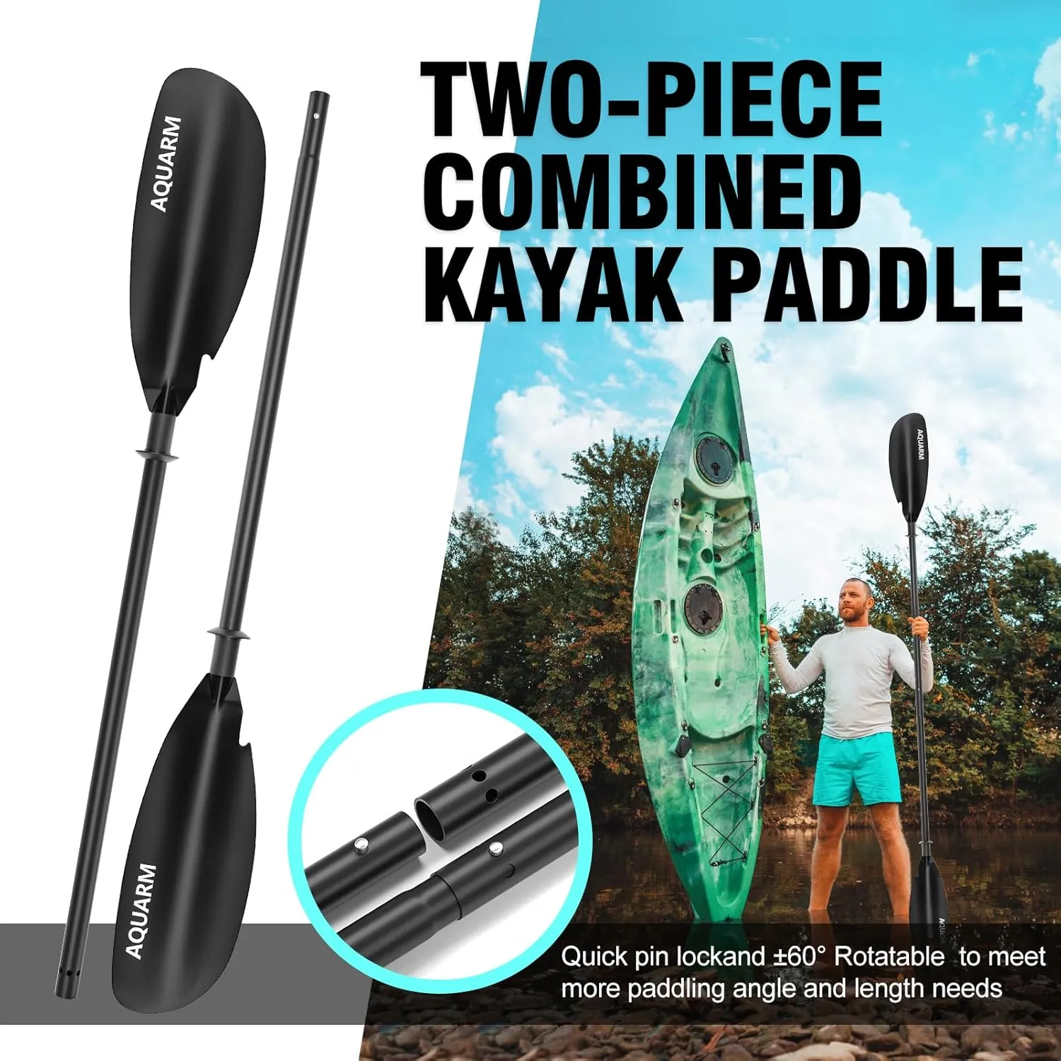 Kayak Paddle 231cm/91.3in, Aluminum Shaft with Reinforced Fiberglass Blade, Adjustable Rowing Paddle for Light Kayaks
