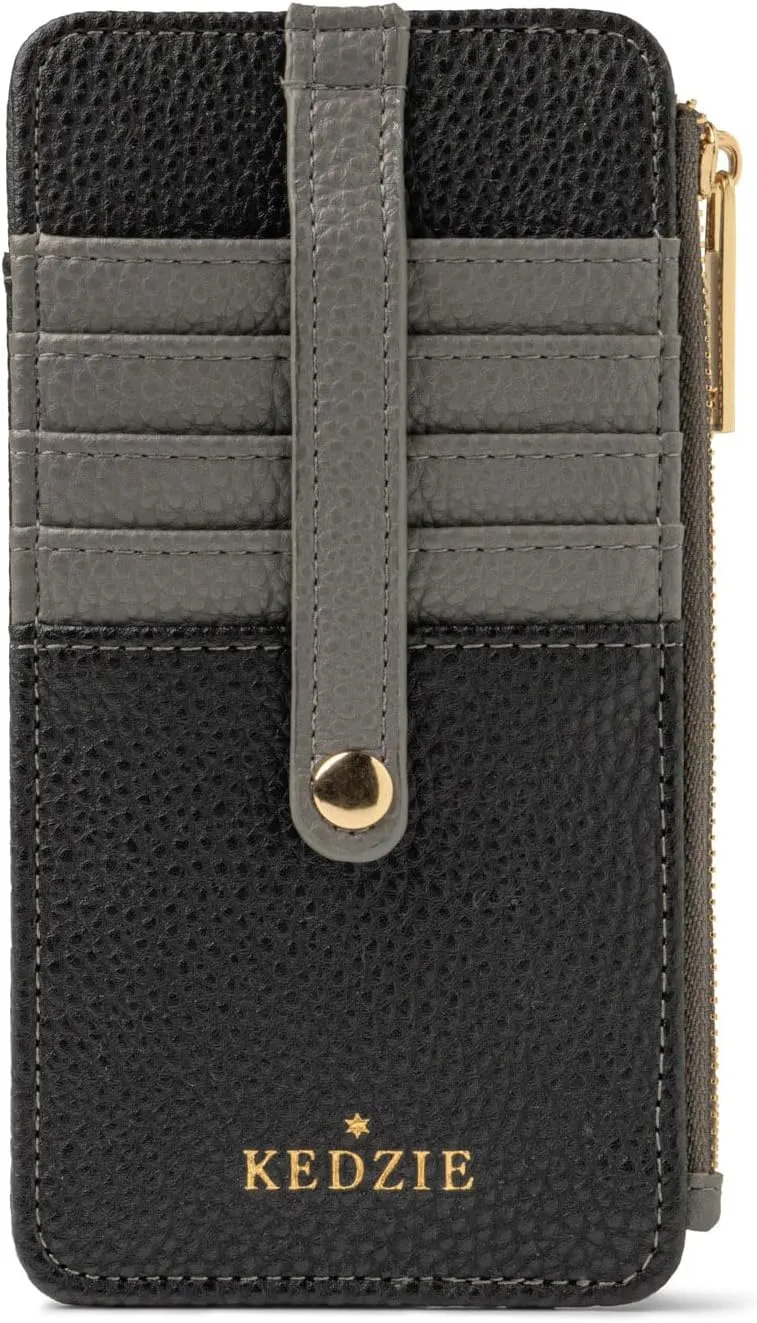 KEDZIE Essentials Only Women's Zippered Wallet in Vegan Leather Small Card Holder Wallet Exterior ID Window - Black V2