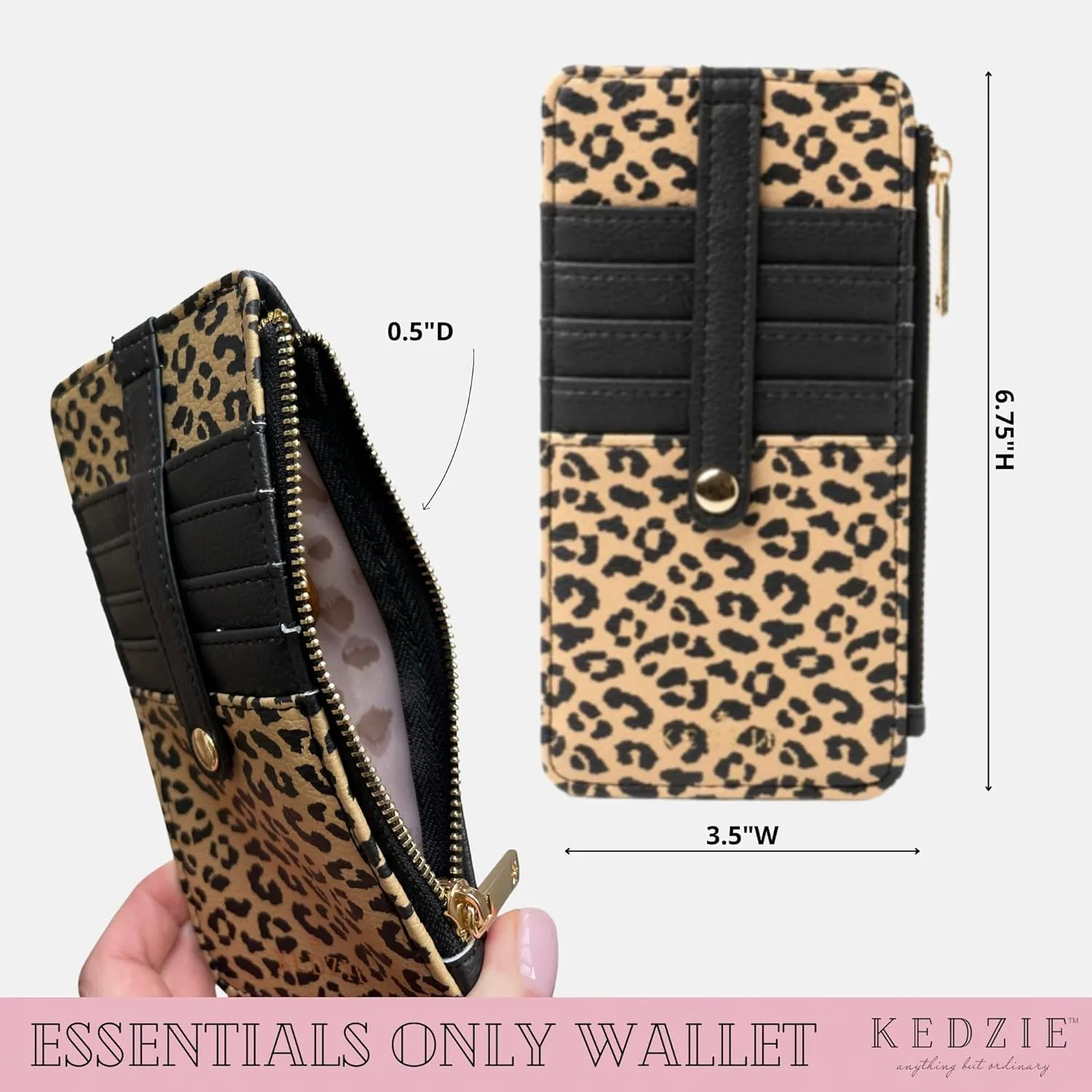 KEDZIE Essentials Only Women's Zippered Wallet in Vegan Leather Small Card Holder Wallet Exterior ID Window - Black V2