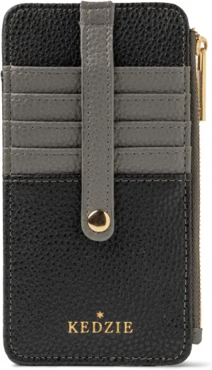 KEDZIE Essentials Only Women's Zippered Wallet in Vegan Leather Small Card Holder Wallet Exterior ID Window - Black V2