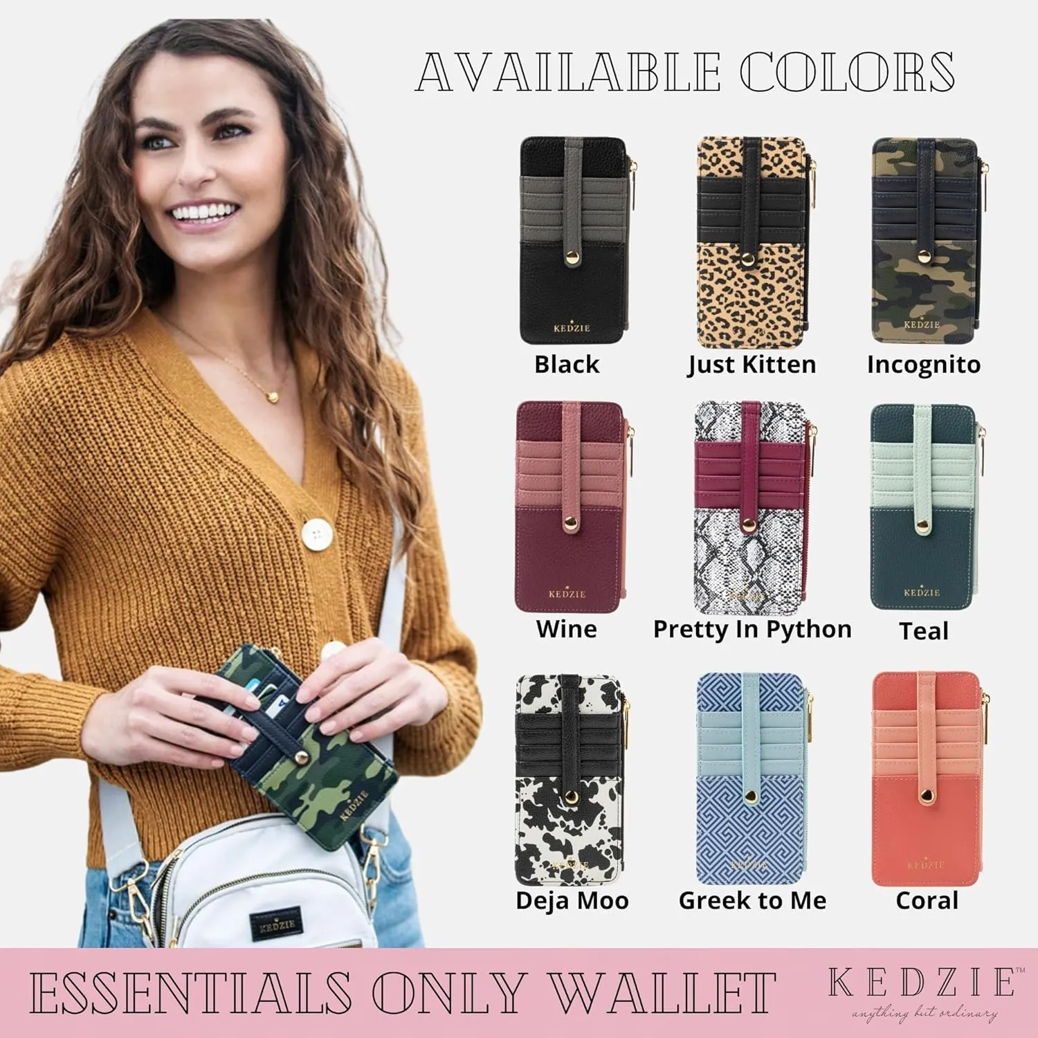 KEDZIE Essentials Only Women's Zippered Wallet in Vegan Leather Small Card Holder Wallet Exterior ID Window - Black V2