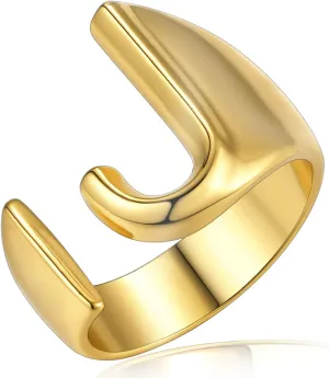 KeyStyle Bold Initial Letter Rings Adjustable, GoldChic Jewelry Women Gold Statement Ring Personalized Engraved Women’s Open Signet Ring for Party (Gold, White Gold, Black)