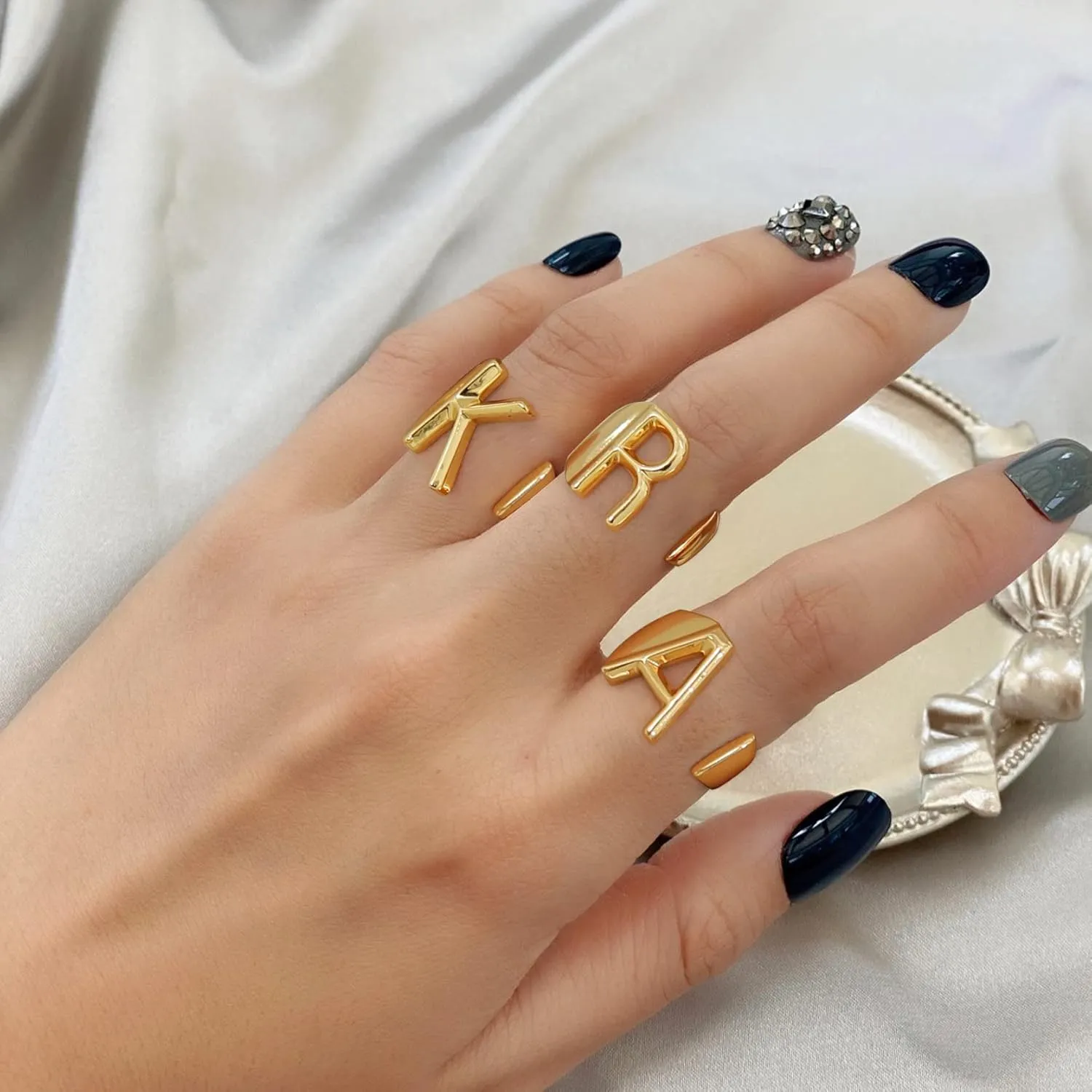 KeyStyle Bold Initial Letter Rings Adjustable, GoldChic Jewelry Women Gold Statement Ring Personalized Engraved Women’s Open Signet Ring for Party (Gold, White Gold, Black)