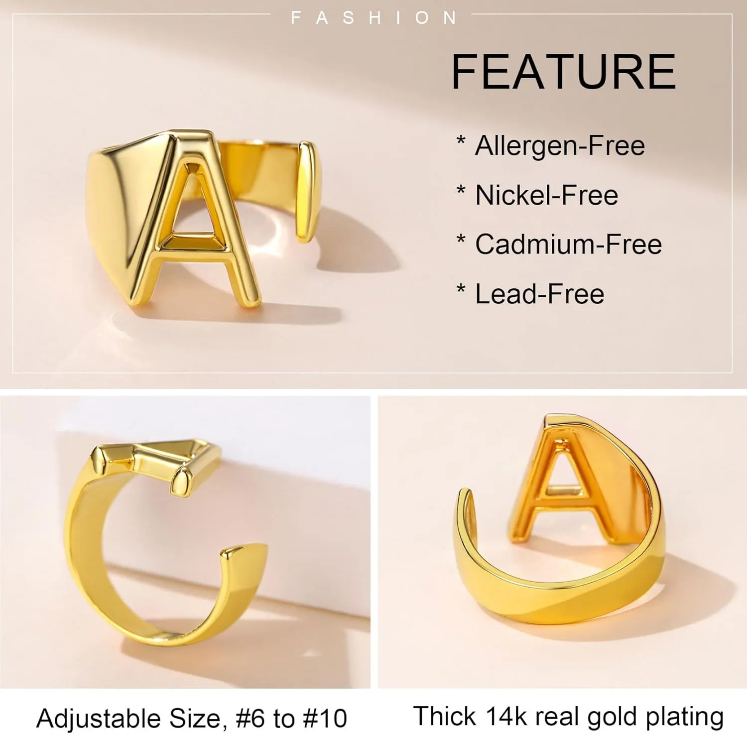 KeyStyle Bold Initial Letter Rings Adjustable, GoldChic Jewelry Women Gold Statement Ring Personalized Engraved Women’s Open Signet Ring for Party (Gold, White Gold, Black)