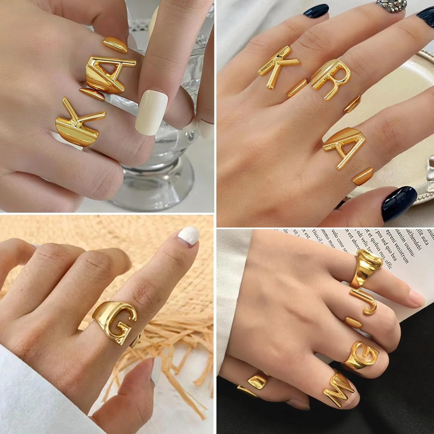 KeyStyle Bold Initial Letter Rings Adjustable, GoldChic Jewelry Women Gold Statement Ring Personalized Engraved Women’s Open Signet Ring for Party (Gold, White Gold, Black)