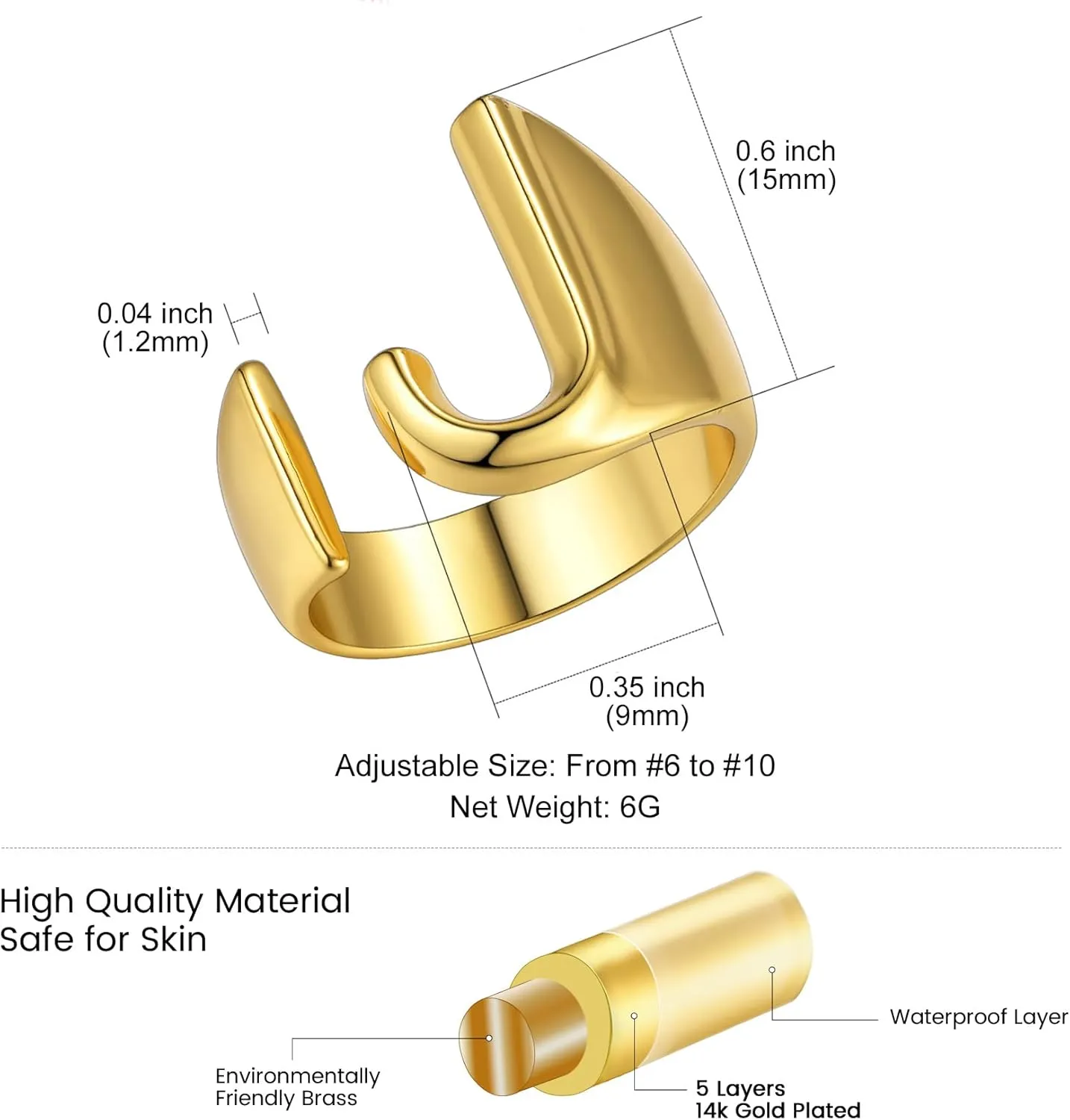 KeyStyle Bold Initial Letter Rings Adjustable, GoldChic Jewelry Women Gold Statement Ring Personalized Engraved Women’s Open Signet Ring for Party (Gold, White Gold, Black)