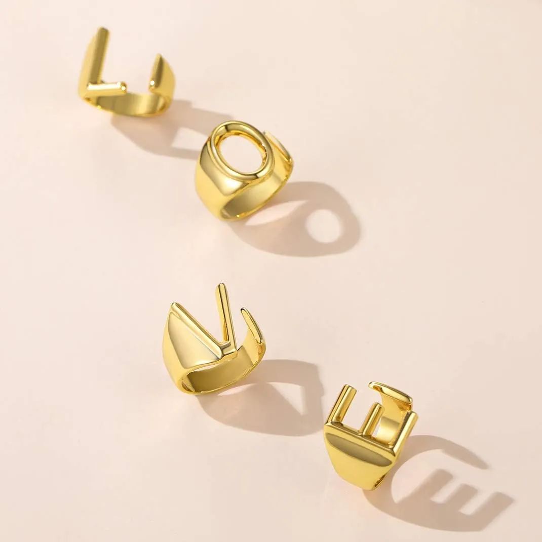 KeyStyle Bold Initial Letter Rings Adjustable, GoldChic Jewelry Women Gold Statement Ring Personalized Engraved Women’s Open Signet Ring for Party (Gold, White Gold, Black)
