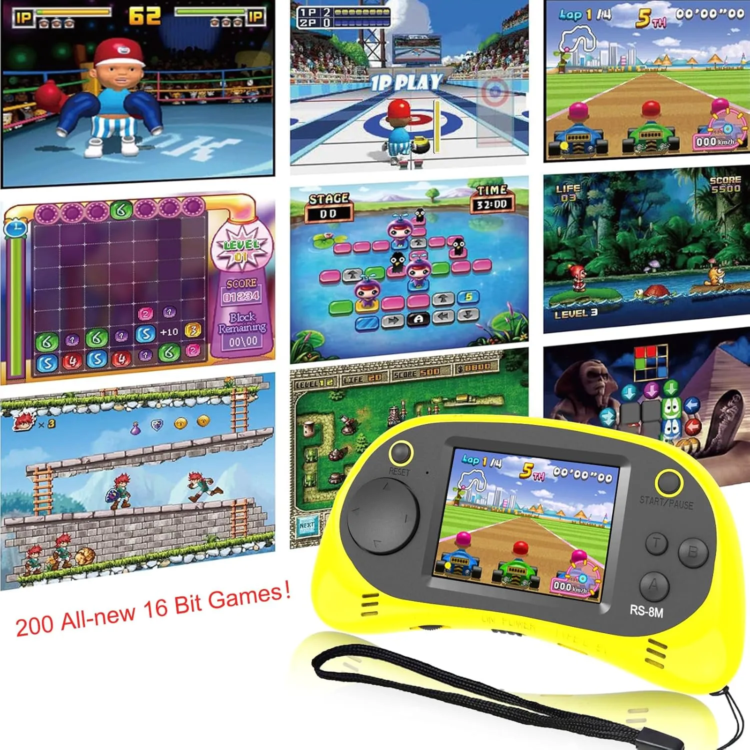 Kids Handheld Game Portable Video Game Player with 200 Games 16 Bit 2.5 Inch Screen Mini Retro Electronic Game Machine (Yellow)