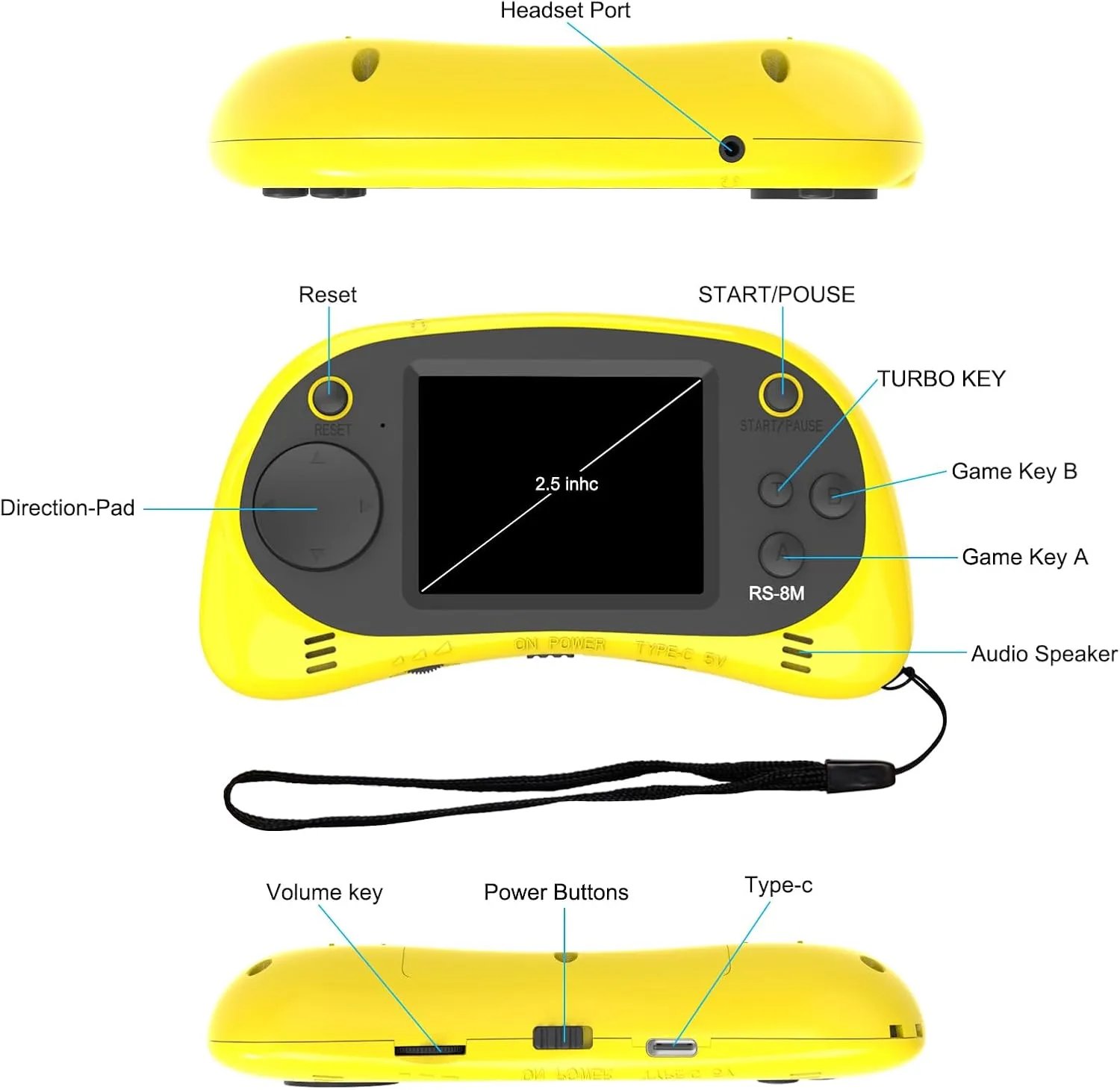 Kids Handheld Game Portable Video Game Player with 200 Games 16 Bit 2.5 Inch Screen Mini Retro Electronic Game Machine (Yellow)