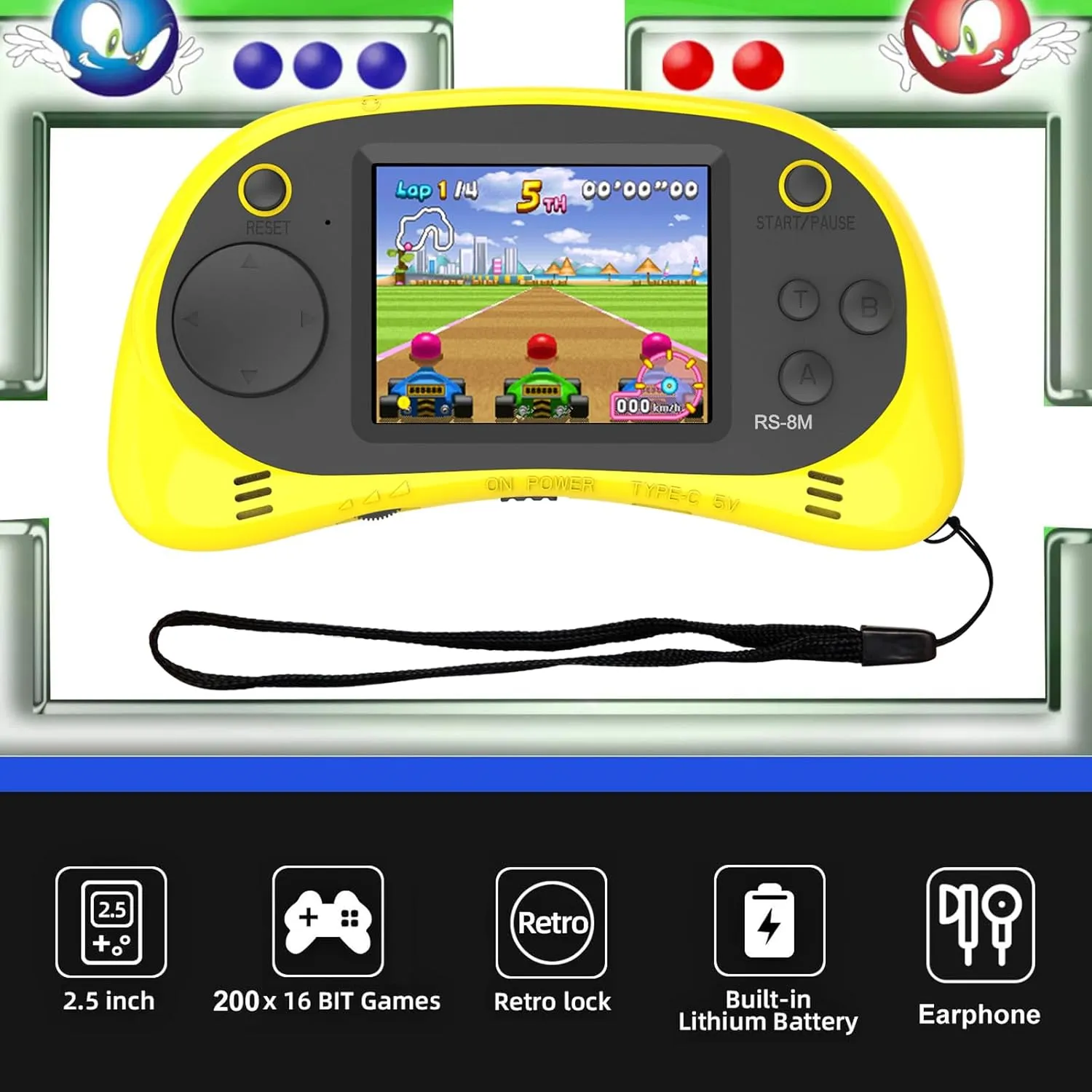 Kids Handheld Game Portable Video Game Player with 200 Games 16 Bit 2.5 Inch Screen Mini Retro Electronic Game Machine (Yellow)