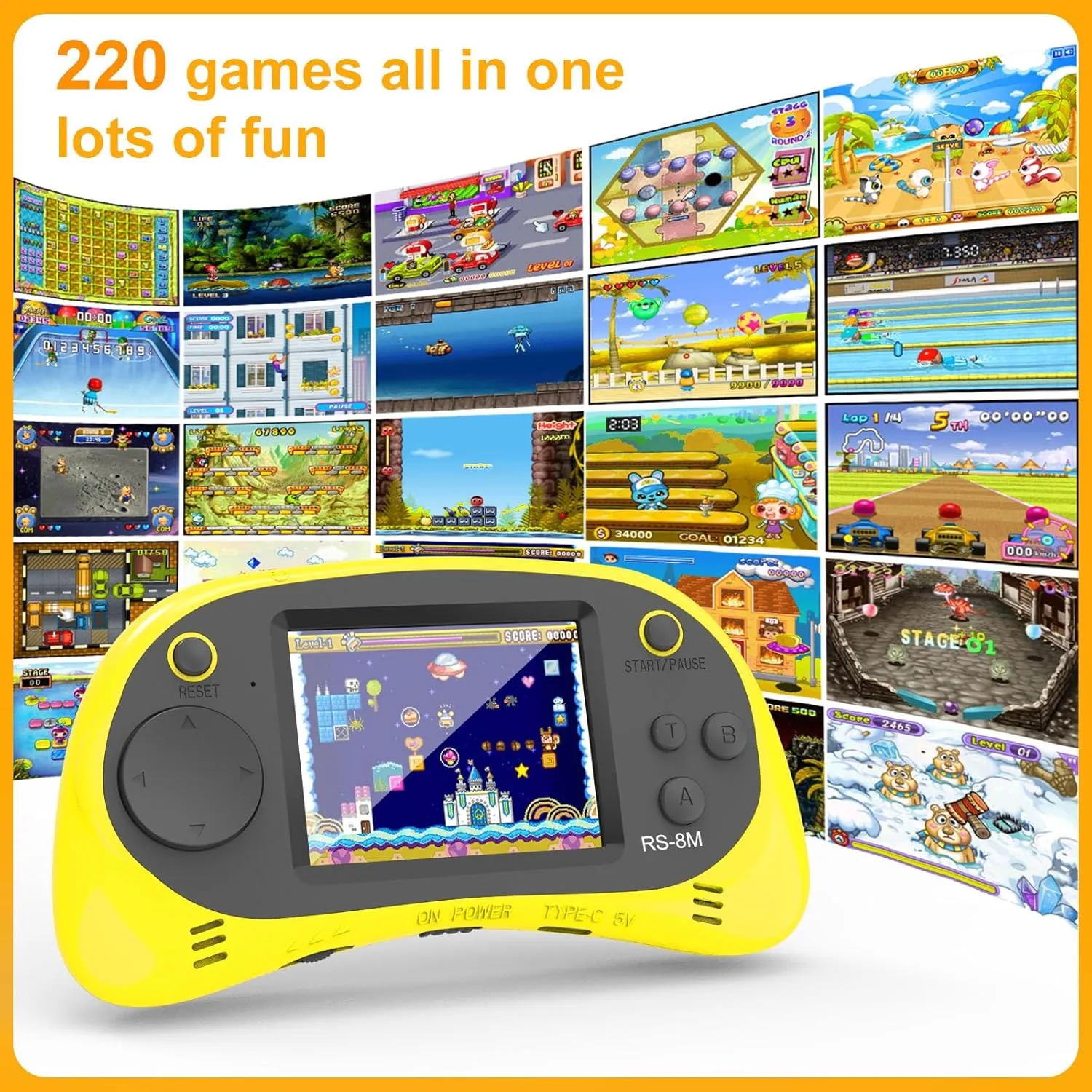 Kids Handheld Games 16 Bit Retro Video Games with 220 HD Electronic Games - 2.5'' LCD Portable Travel Games Gifts for Boys Girls Ages 4-12