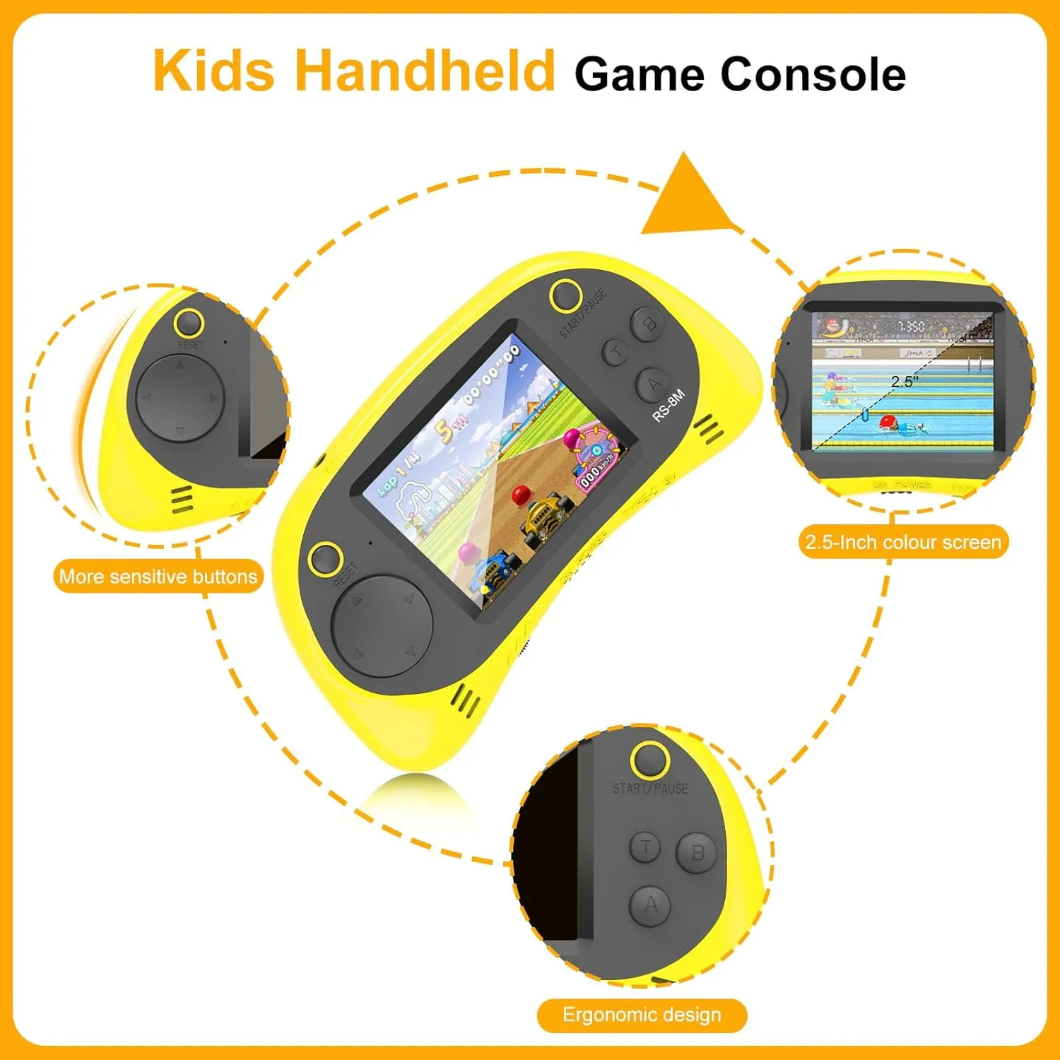 Kids Handheld Games 16 Bit Retro Video Games with 220 HD Electronic Games - 2.5'' LCD Portable Travel Games Gifts for Boys Girls Ages 4-12